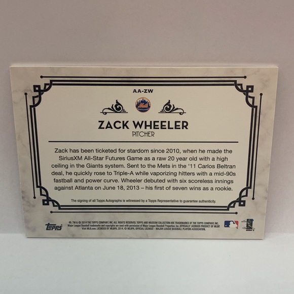 2014 Topps Museum Collection Zack Wheeler Mets Auto 252/399 #AA-ZW (MISC8) - Picture 2 of 3